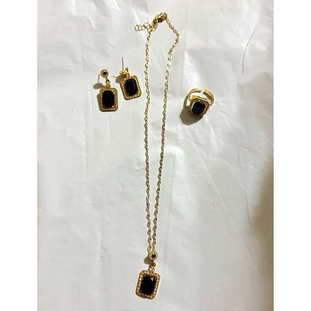 Gold Tone Black Rectangle Stone Jewelry Set Necklace Earrings Ring